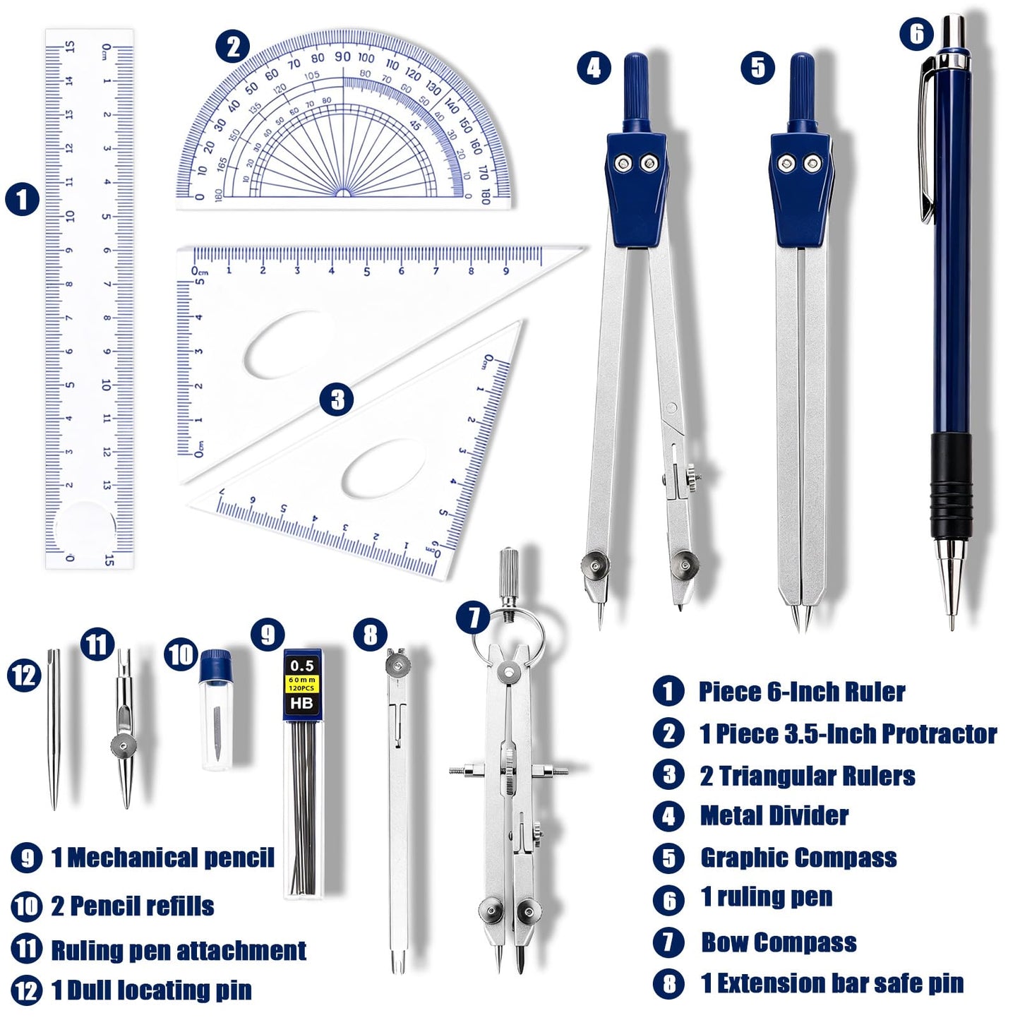 13 Pieces Geometry Set Compass Geometry Tools Math Compass and Protractors Metal Precision Drafting Kit with Storage Box Rulers Pencils Technical Drawing, Engineering & Architecture