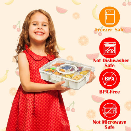 Divided Serving Tray with Lid and Handle, Snackle Box Charcuterie Container, Clear Organizer for Fruits, Nuts, Candy