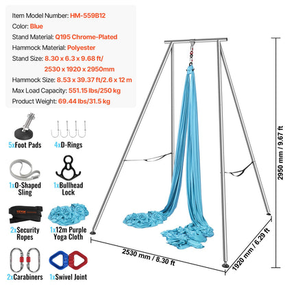 VEVOR Aerial Yoga Frame & Hammock, 551.15 lbs Load Capacity, 9.68 ft Height Professional Training Swing Stand Comes with 13.1 Yards Aerial Hammock, Yoga Rig for Indoor Outdoor, Blue