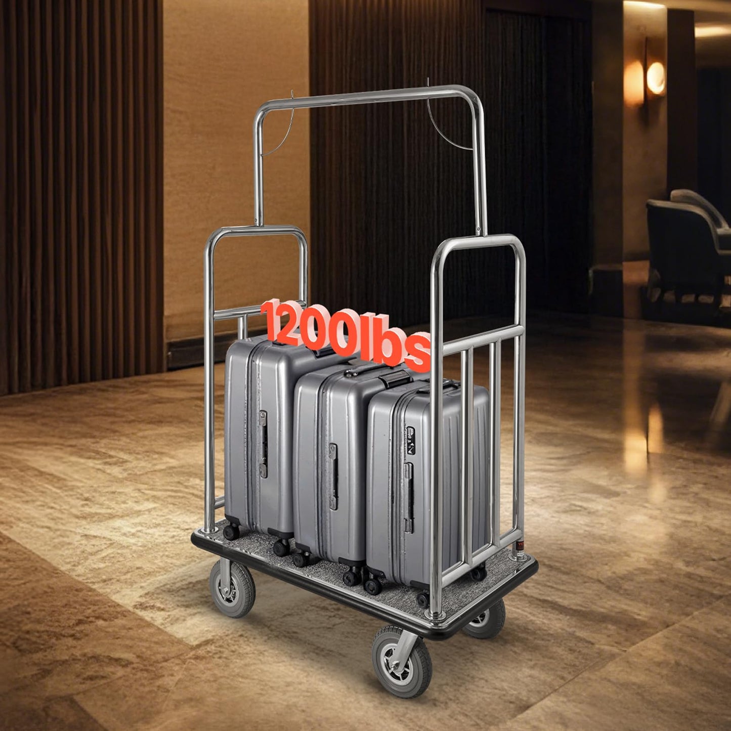 VEVOR Hotel Luggage Cart, Brushed Stainless Steel Finish Bellman's Cart, 1200 LBS Valet Cart with Grey Carpeted Deck and 8-inch Rubber Wheels, Ideal for Hotels, Condos, Resorts, Silver
