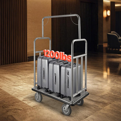 VEVOR Hotel Luggage Cart, Brushed Stainless Steel Finish Bellman's Cart, 1200 LBS Valet Cart with Grey Carpeted Deck and 8-inch Rubber Wheels, Ideal for Hotels, Condos, Resorts, Silver