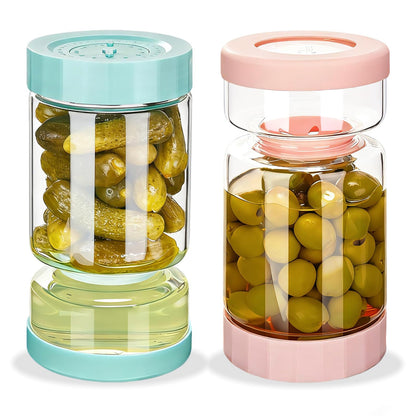 ZENS Pickle Jar with Strainer Flip, 37 oz Hourglass Pickle Juice Separator Container, Airtight Leakproof Lid, Dual Wet-Dry Design, Time Tracker Lid – 2 Pack Olive & Kimchi Jars