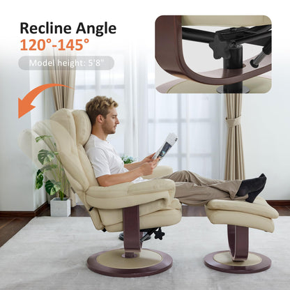 MCombo Oversized Swivel Recliner Chair with Ottoman, Adjustable Backrest, 360° Wood Base, High Seat, Faux Leather Lounge Chair for Tall Users in Living Room Office 4651 (Cream White)