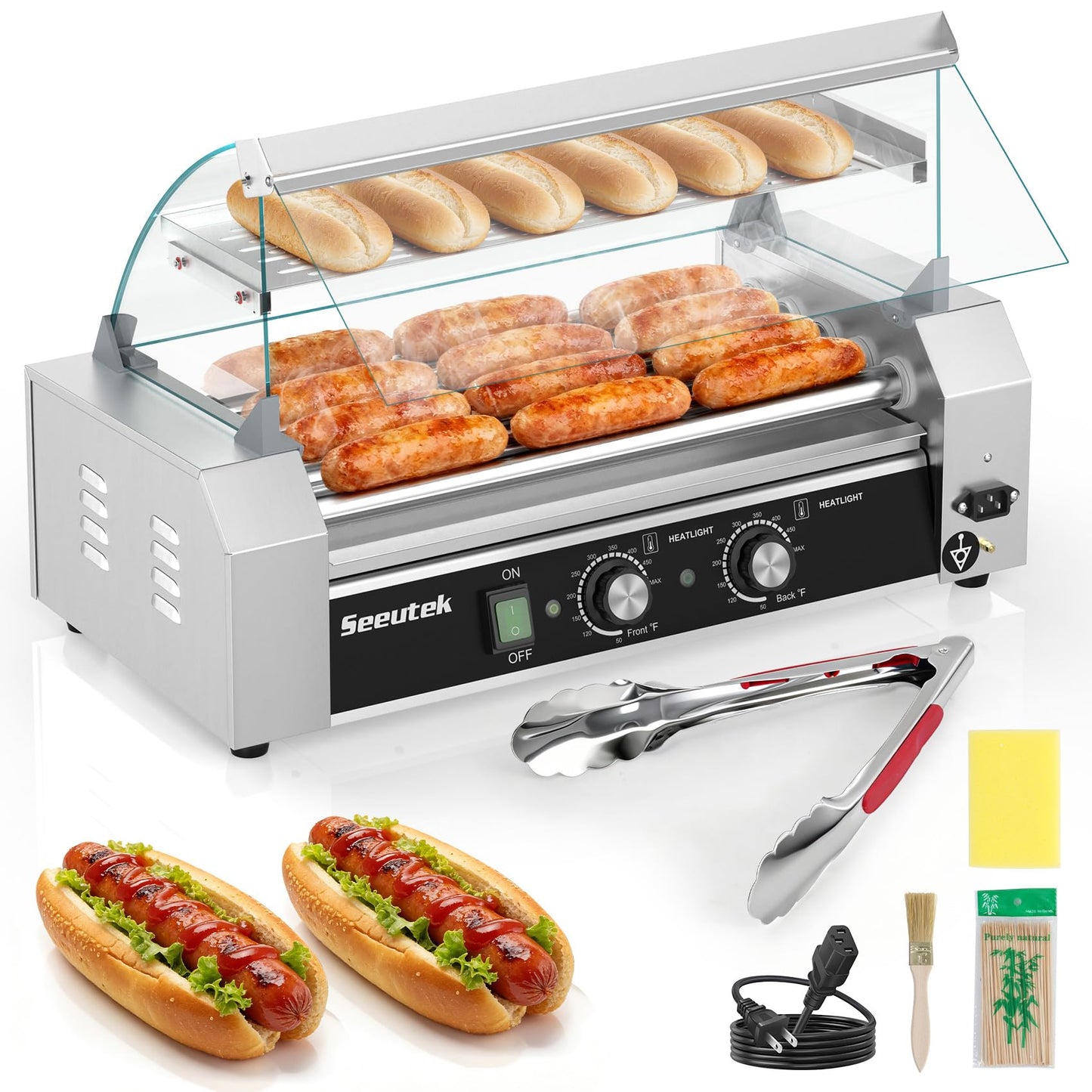 Seeutek Hot Dog Roller 5 Rollers 18 Hot Dogs Capacity 1100W Stainless Hot Dog Toaster, Hot Dog Machine W/Dual Temperature Control Glass Hood Acrylic Cover Warmer Shelf Removable Oil Drip Tray