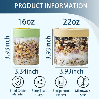 22oz 16 oz (4PCS) Overnight Oats Containers with Lids, & Glass Jars with Airtight Lids, Wide Mouth Overnight Oats Jar