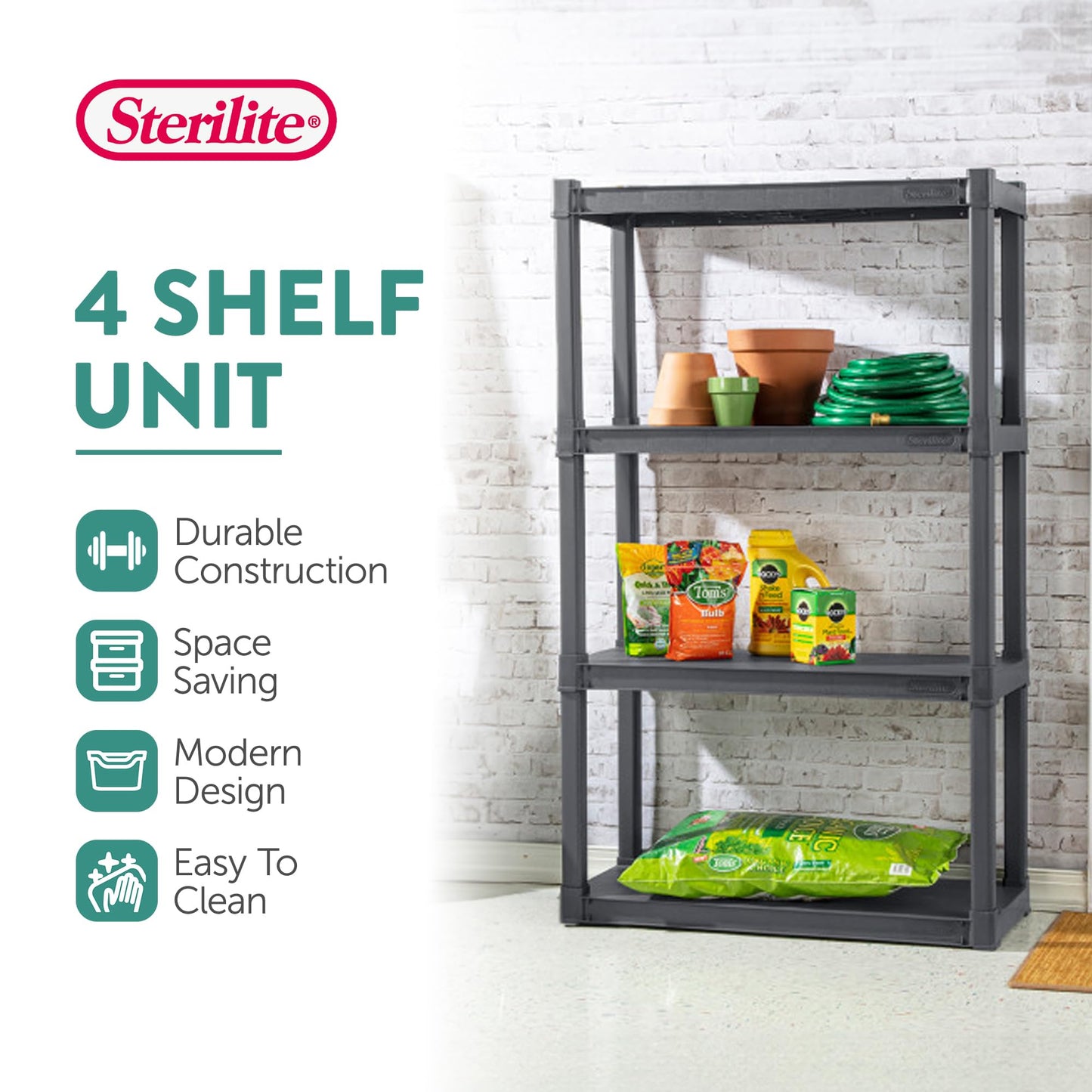 Sterilite 4 & 5 Shelf Plastic Storage Units Bundled with Easy to Assemble Storage Cabinet for Garage, Pantry & Kitchen Organization, 4 Shelves, Gray
