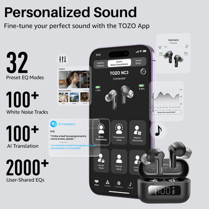 TOZO Hybrid Active Noise Cancelling Wireless Earbuds with 6 Mics AI Clear Call Ear Buds 68H Playtime with LED Display 32 Preset EQs via APP Bluetooth 5.3 IPX8 Waterproof in Ear Headphones