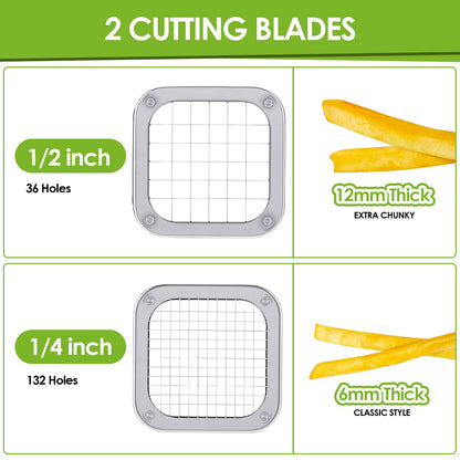 WODHMIEY Manual French Fry Cutter for Potatoes with Interchangeable Blades, Handheld Stainless Steel Potato Slicer and Fries Cutter for Home and Commercial Use (1/2'' & 1/4'' Blade)