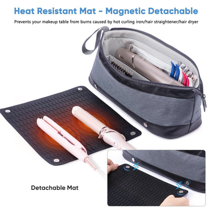 Large Hair Tools Travel Bag with Iron Mat - 2in1 Hair Tools Organizer for Hair Dryer Brush, Flat Irons, Straighteners, Curling Irons, Hair Bag, Makeup Bag, Cosmetic Bag for Travel Essentials