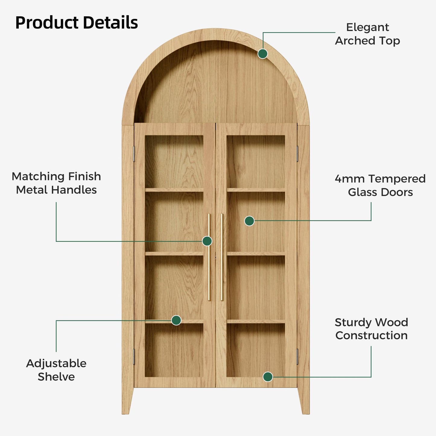 Topcomfy 63" Arched Display Cabinet with Glass Doors, 5-Tier Display Cabinets for Collectibles Wood Display Cabinet with Adjustable Shelves Display Curio Cabinet for Living Room Office, Oak