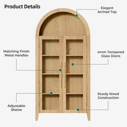 Topcomfy 63" Arched Display Cabinet with Glass Doors, 5-Tier Display Cabinets for Collectibles Wood Display Cabinet with Adjustable Shelves Display Curio Cabinet for Living Room Office, Oak