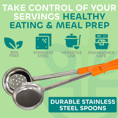 Portion Control Serving Spoons - (8 Piece Set) Restaurant Measuring Serving Ladle Utensils for Weight Loss, Bariatric Gastric Sleeve, Includes 2, 4, 6, 8 oz Solid & Perforated Scoops, 14-1/4" Long