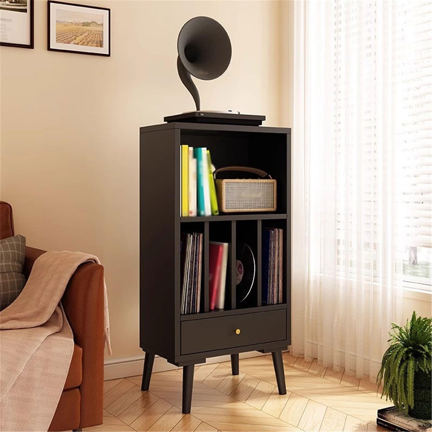 FURUIM2024M CD Record Storage Rack Wooden Vinyl Record Low Cabinet with Drawers Storage Unit Display Holder(Black)
