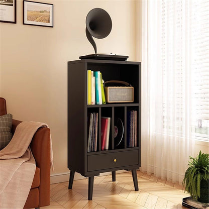 FURUIM2024M CD Record Storage Rack Wooden Vinyl Record Low Cabinet with Drawers Storage Unit Display Holder(Black)