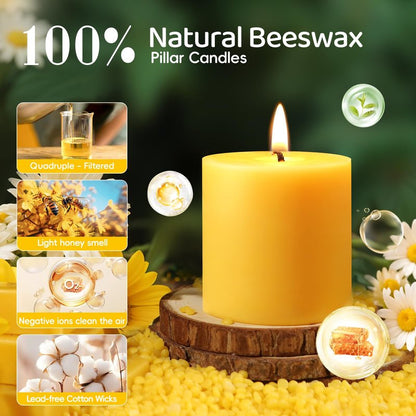 4 Pack Natural Beeswax Pillar Candles,2x2in 100% Pure Beeswax Candles-80 Hours Long Burning,Unscented Bees Wax Candles for Home,Prayer,Emergency,Dripless Smokeless Organic Pillar Candles Bluk