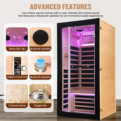 OUTEXER One Person Sauna Far Infrared Saunas Room Canadian Hemlock 1450W Dry Saunas Spa with 7 Starry Sky Light 35.4 * 35.4 * 70.8inch