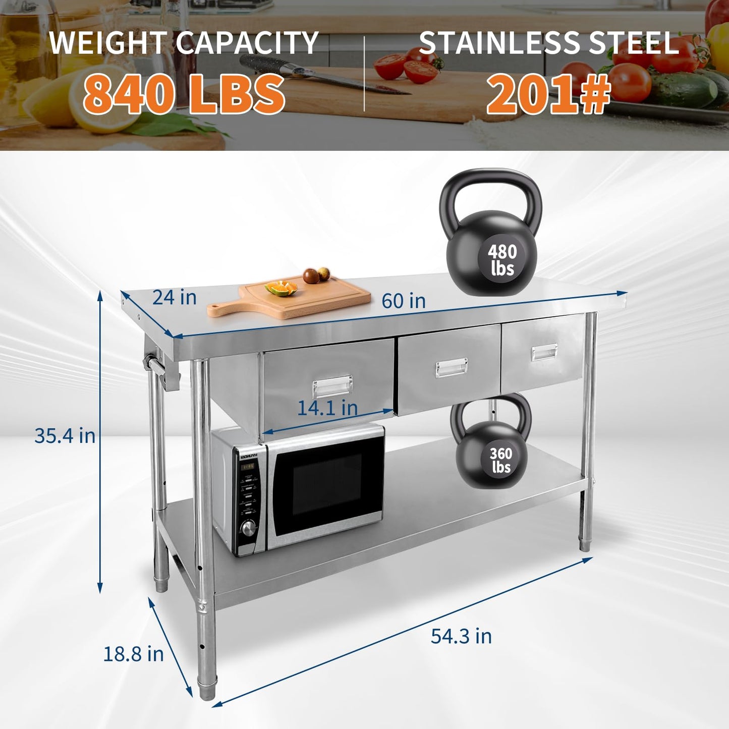 60" x 24" Stainless Steel Table with 3 Drawers, NSF Prep Table with Adjustable Undershelf & Paper Towel Holder, Heavy-Duty Food Prep Worktable for Commercial Kitchen Restaurant Garage Warehouse