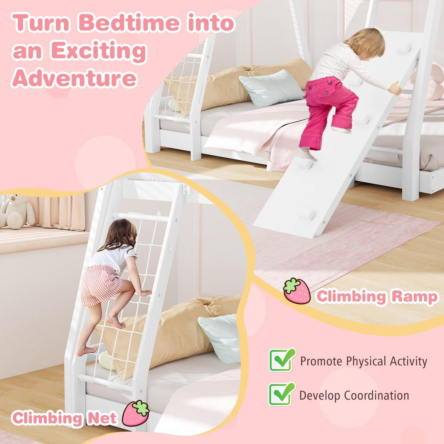 Giantex Twin Over Queen Bunk Bed, Wood House Bunk Bed for Kids with Climbing Nets and Ramp, Floor Queen Size Bunk Beds with Safety Guardrail, No Box Spring Needed, for Boys Girls Adults (White)