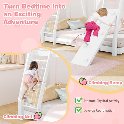 Giantex Twin Over Queen Bunk Bed, Wood House Bunk Bed for Kids with Climbing Nets and Ramp, Floor Queen Size Bunk Beds with Safety Guardrail, No Box Spring Needed, for Boys Girls Adults (White)