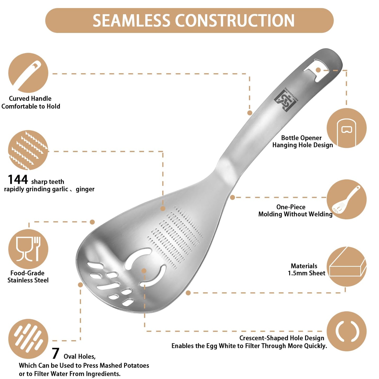 2PC Multi-Function Cooking Spoon with Potato Masher, Egg Yolk Separator, Grater Plate, Bottle Opener & Slotted Spoon - 304 Stainless Steel, MEIYUSHENG