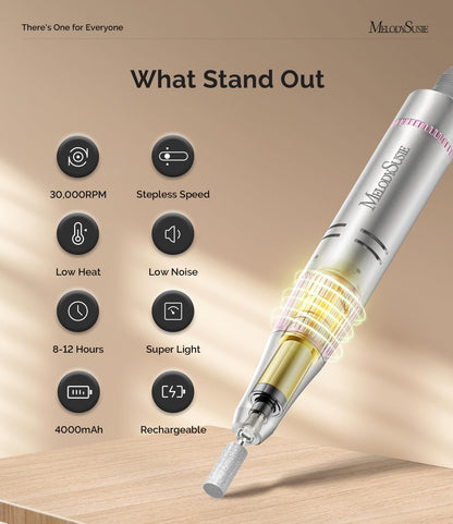MelodySusie Portable Nail Drill 30000 RPM,SC320F Professional Rechargeable Electric Nail File,Cordless Nail E File for Acrylic Nails Gel Polishing Removing,Efile Nail Kit for Manicure Salon Home,White