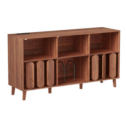 SLEKVERSA 55'' Vinyl Record Player Stand with Charging Station - Mid Century Modern Record Storage Cabinet w/6 Compartments, 2 USB Ports & Outlets - Turntable Table for Living Room