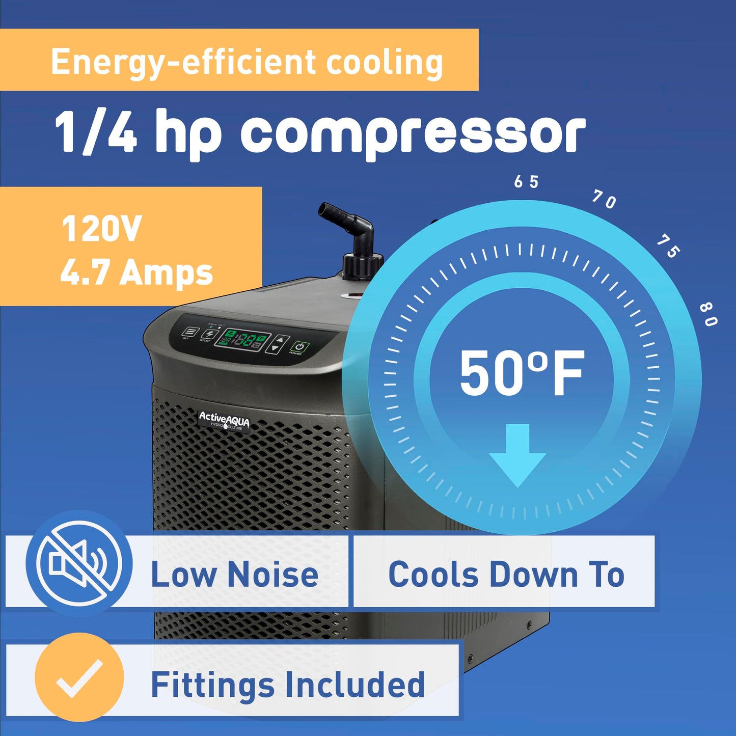 Active Aqua Hydroponic Water Chiller for Aquaponics, Plunge Baths and Aquariums, 0.25 HP - Portable Cooling System with Boost Function for 40-92 Gallon Reservoirs, Pure Titanium Evaporator Cooler
