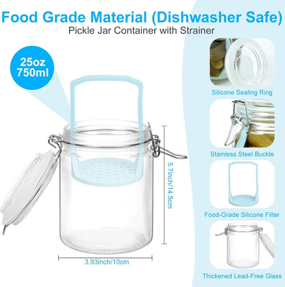 Furwarmy Glass Pickle Jar with Strainer, 25oz Pickle Container with Pickle Holder Keeper Lifter, Pickle Storage Flip Jar for Olives, Gherkins, Sliced Pickles 1