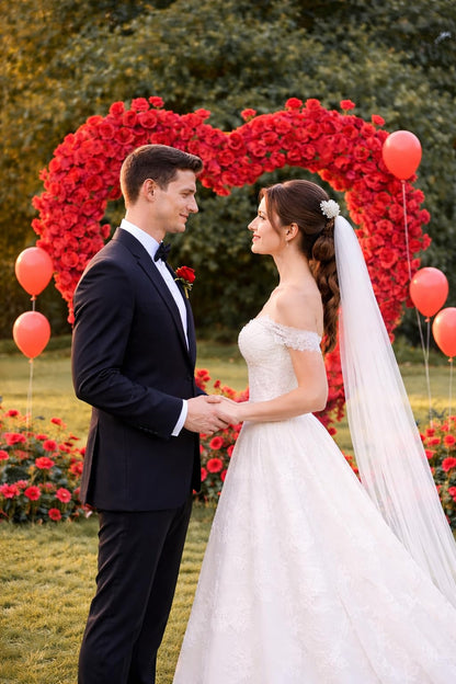 Red Artificial Floral Heart-Shaped Rose Arch Backdrop, Suitable for proposals, Anniversaries, Parties and Event Decorations (Stand not Included).