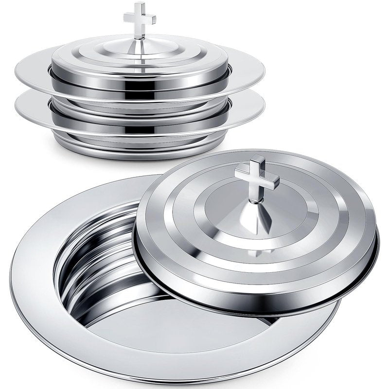 Zhehao 2 Plates Silver Communion Set, Holy Trays with Lid, Stainless Steel Bread Tray Plates for Churches, Holy Communion Tray with Cover, Polished Church Supplies Ware Sets