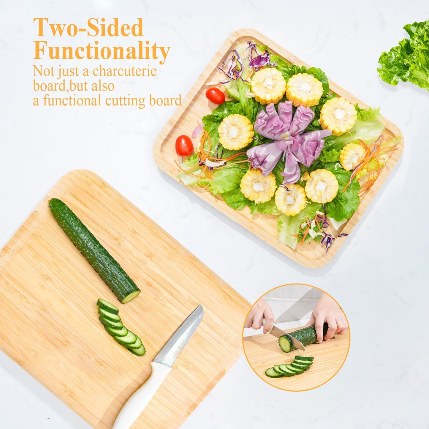 ACCL Bamboo Charcuterie Board 1-Compartment with Locking Lid, Ergonomic Handle & Knives Set - Portable Food/Cheese Serving Tray, Reversible Cutting Board for Picnic, Party & Gatherings (Pack of 12)