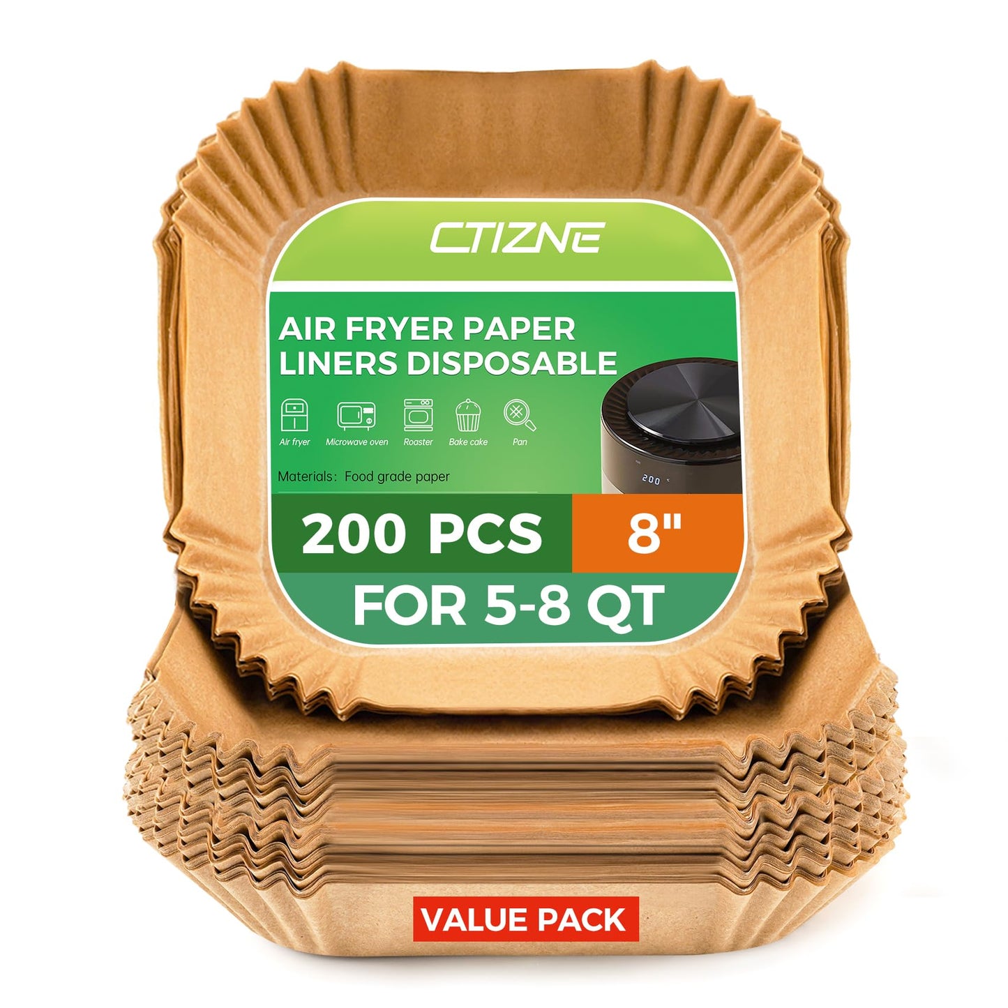 Air Fryer Disposable Paper Liners - 150Pcs 8In Square Parchment Paper Non-Stick Airfryer Basket Liners for Steamer Microwave Oven, Deep Fryer Parts & Accessories