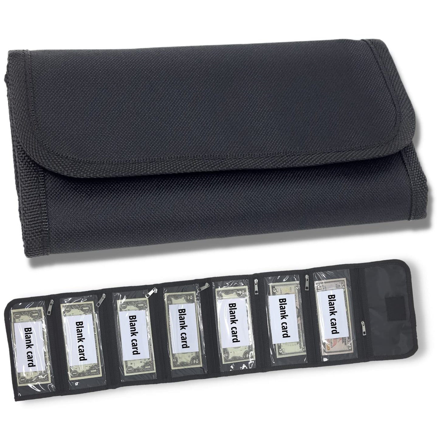 Money organizer for cash 7 slots money holder with blank card, Cash holder wallet organizer for Budgeting, Traveling, Saving, Receipts, Coupons and Tips (Black)