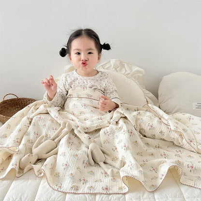BuLuTu Large Cotton Muslin Kids Toddler Throw Blanket - 47''x51'' Reversible Lightweight Azalea Little Flower Thin Summer Quilt Baby Quilt for Crib Bed,Stroller,Travel,White