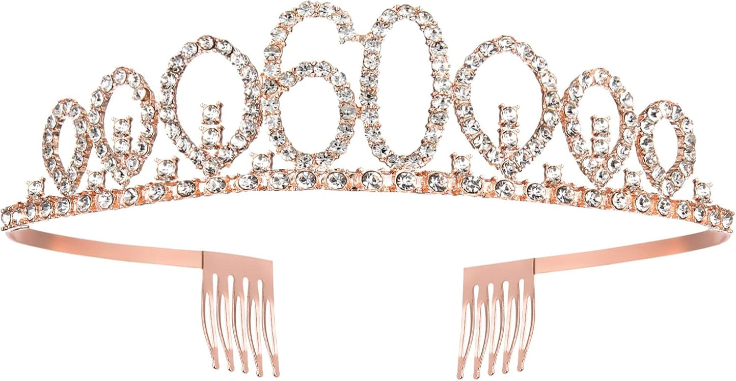 Rose Gold Birthday Sash Crown, 60 & Fabulous Sash and Tiara for Women, 60th Birthday Party Favor Supplies