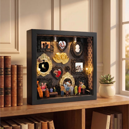 YXESO DIY Mini Museum Silhouette Box for Mother's Day, Shadow Box Frame with Gold Mini Picture Frames & People Figurines for Anniversary, Home Decor