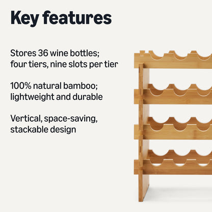 Amazon Basics Stackable Natural Bamboo Wine Rack, 36 Bottle Capacity, Easy to Assemble