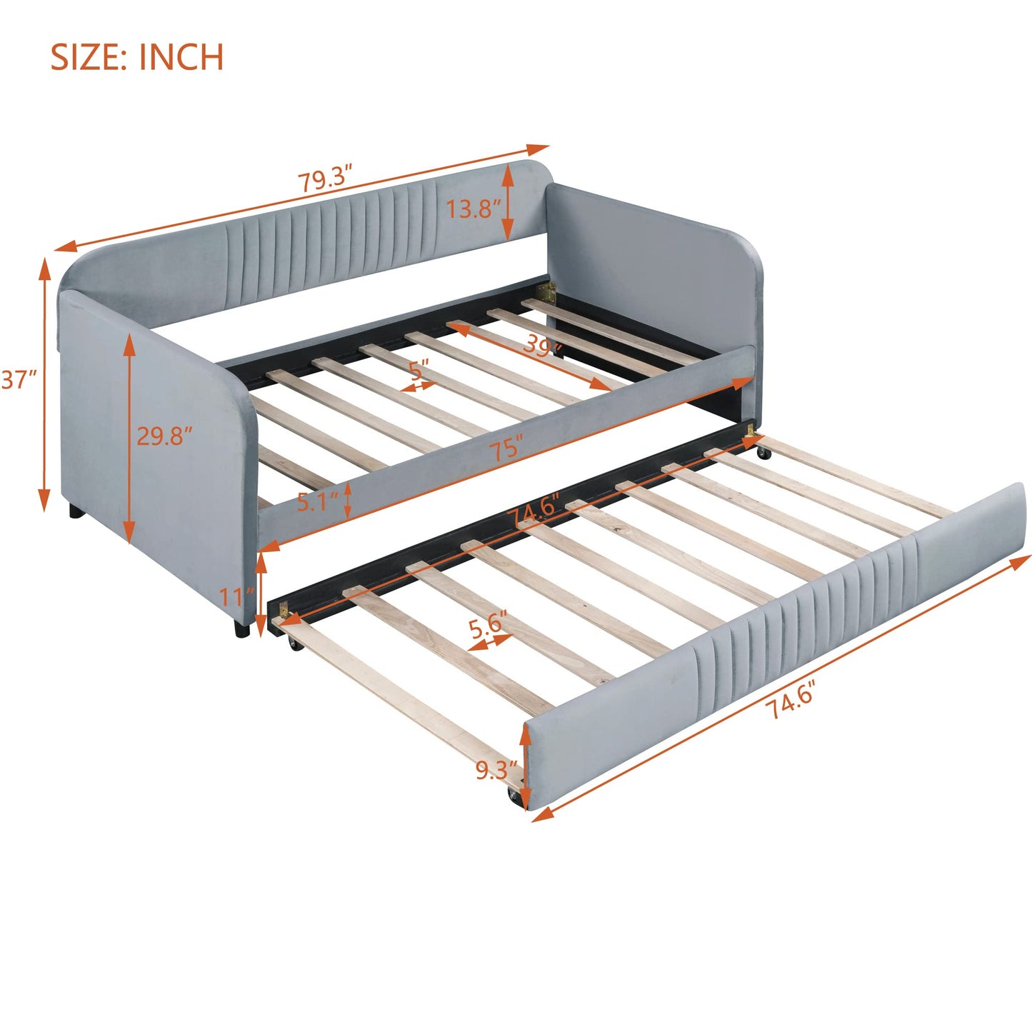 Merax Twin Size Upholstered Daybed with Trundle Bed and Wood Slat, Gray Velvet Sleeper Sofa Bed, No Box Spring Needed