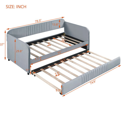 Merax Twin Size Upholstered Daybed with Trundle Bed and Wood Slat, Gray Velvet Sleeper Sofa Bed, No Box Spring Needed