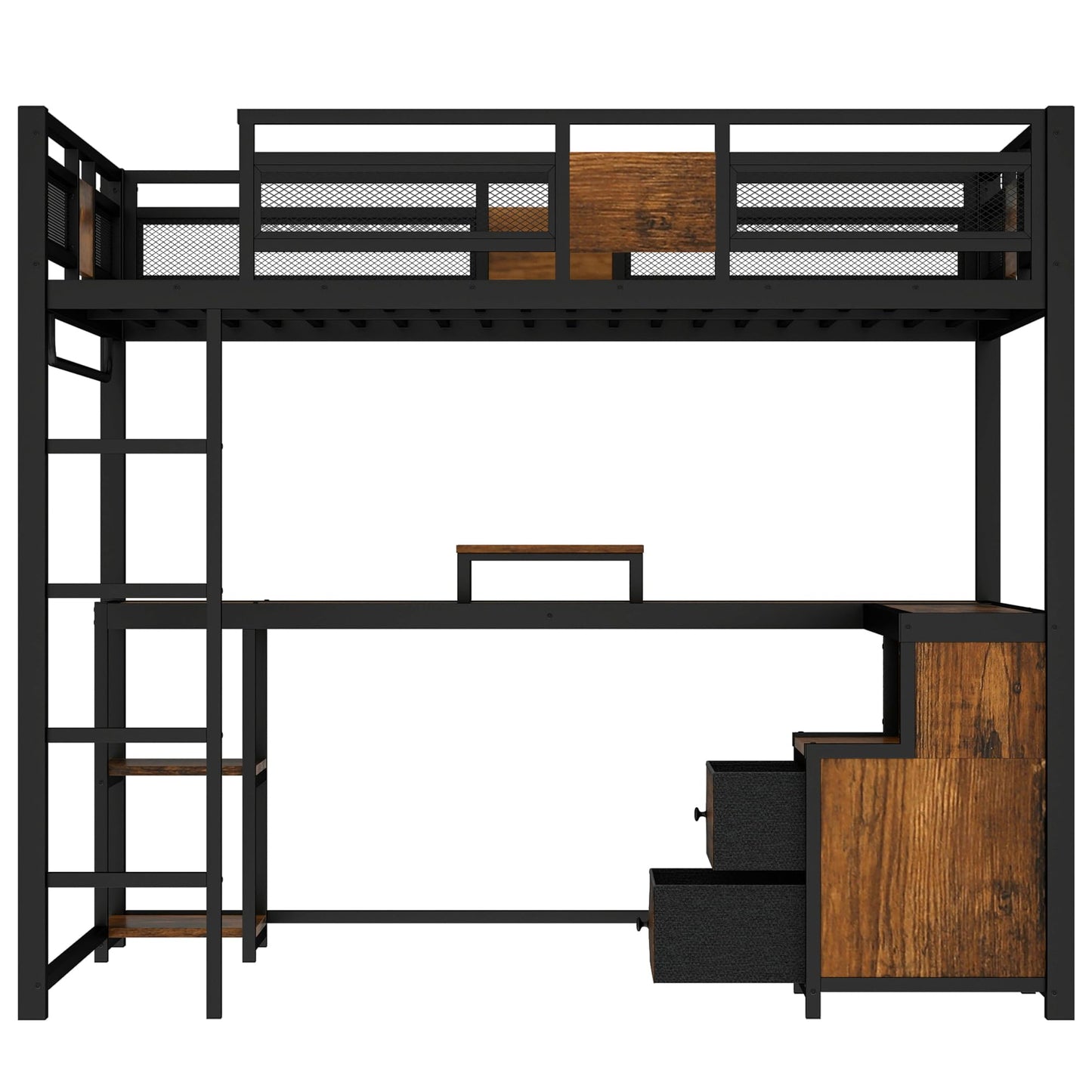 Bellemave Queen Loft Bed with Desk & Storage Fabric Drawers & Shelves, Heavy Duty Metal Frame Loft Bed for Adults & Teens, Space Saving Bed for Apartments & Dorm, No Box Spring Needed, Black