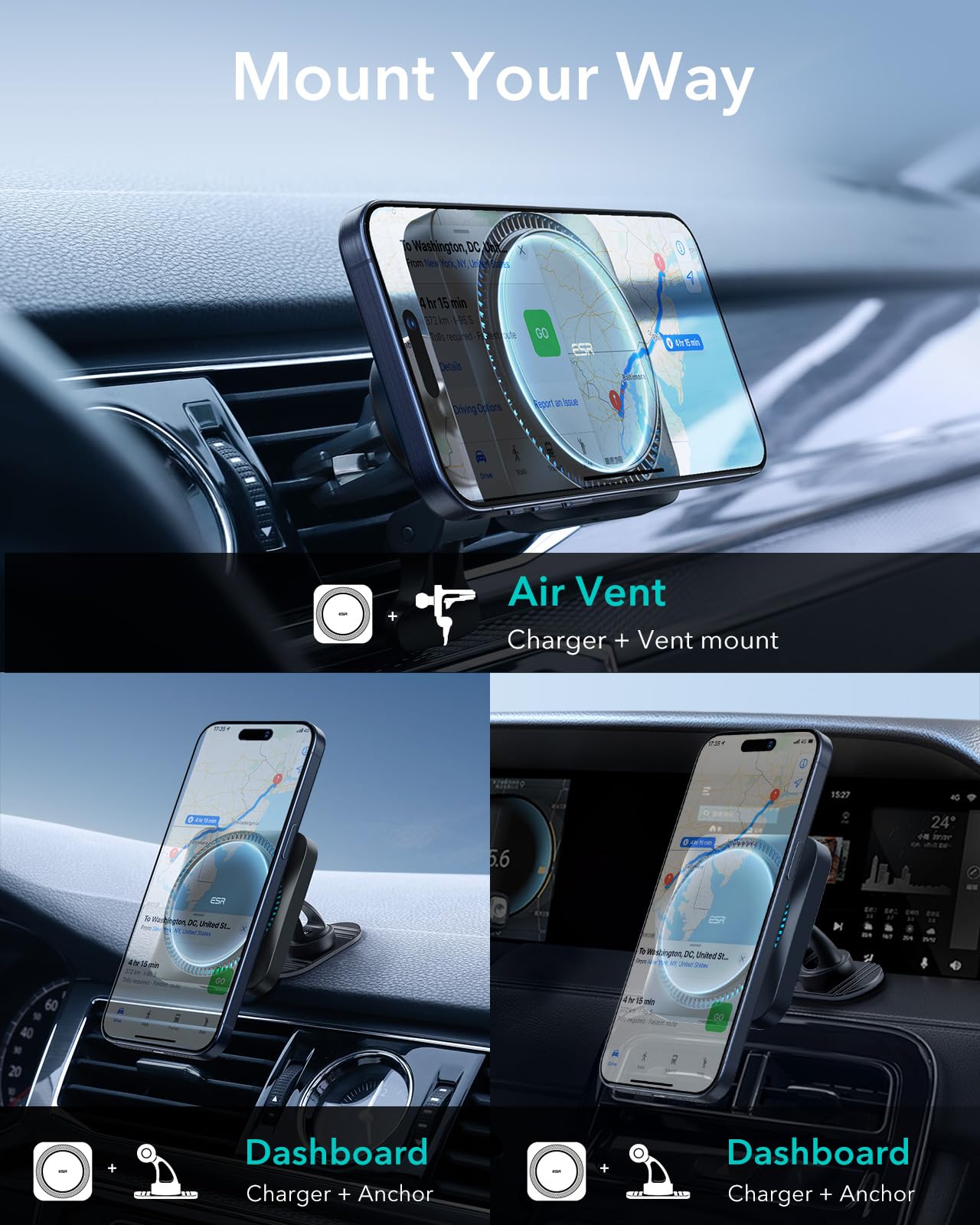 ESR for MagSafe Car Mount Charger with CryoBoost, Phone Cooling MagSafe Car Charger, Magnetic Wireless Car Charging, Air Vent/Dashboard Car Phone Holder for iPhone 16/15/14/13/12, S25, Fast Charging