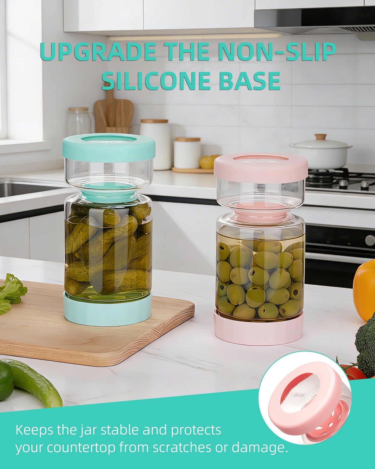 ZENS Pickle Jar with Strainer Flip, 37 oz Hourglass Pickle Juice Separator Container, Airtight Leakproof Lid, Dual Wet-Dry Design, Time Tracker Lid – 2 Pack Olive & Kimchi Jars