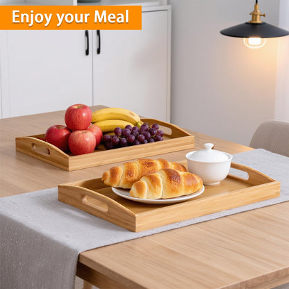 2-Pack Bamboo Serving Trays with Handles, 16" and 13", Decorative Food Tray Set for Breakfast, Coffee, Tea, Snacks, Ideal for Coffee Table, Ottoman, Living Room & Kitchen
