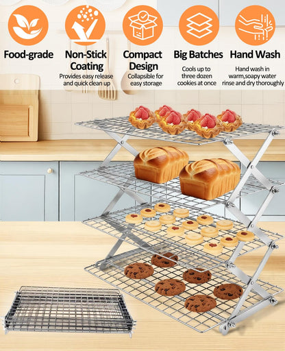 4 Tier Collapsible Cooling Rack, 2/3/4-Tier Upgraded,Adjustable ＆ Stackable Baking Rack, 5 Modes Cooling Racks for Cooking and Baking, Roasting ＆ Grilling Gifts for Picnic Party