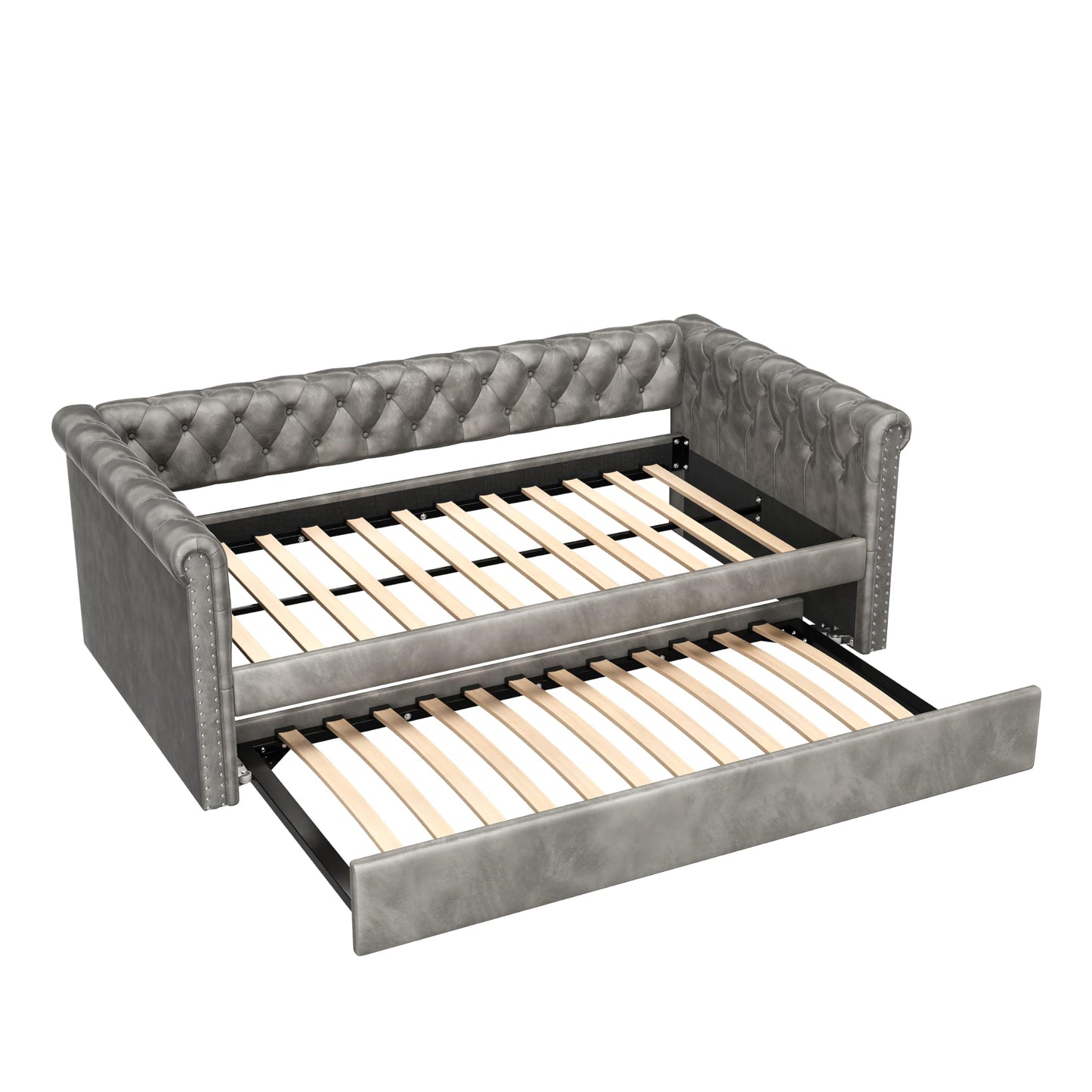 Christopher Knight Home Upholstered Daybed with Trundle, Twin Size Trundle Sofa Bed, Couch Bed with Backrest and Curved Armrests, No Box Spring Needed, for Living Room, Bedroom and Guest Room, Grey