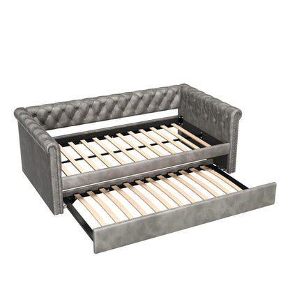 Christopher Knight Home Upholstered Daybed with Trundle, Twin Size Trundle Sofa Bed, Couch Bed with Backrest and Curved Armrests, No Box Spring Needed, for Living Room, Bedroom and Guest Room, Grey