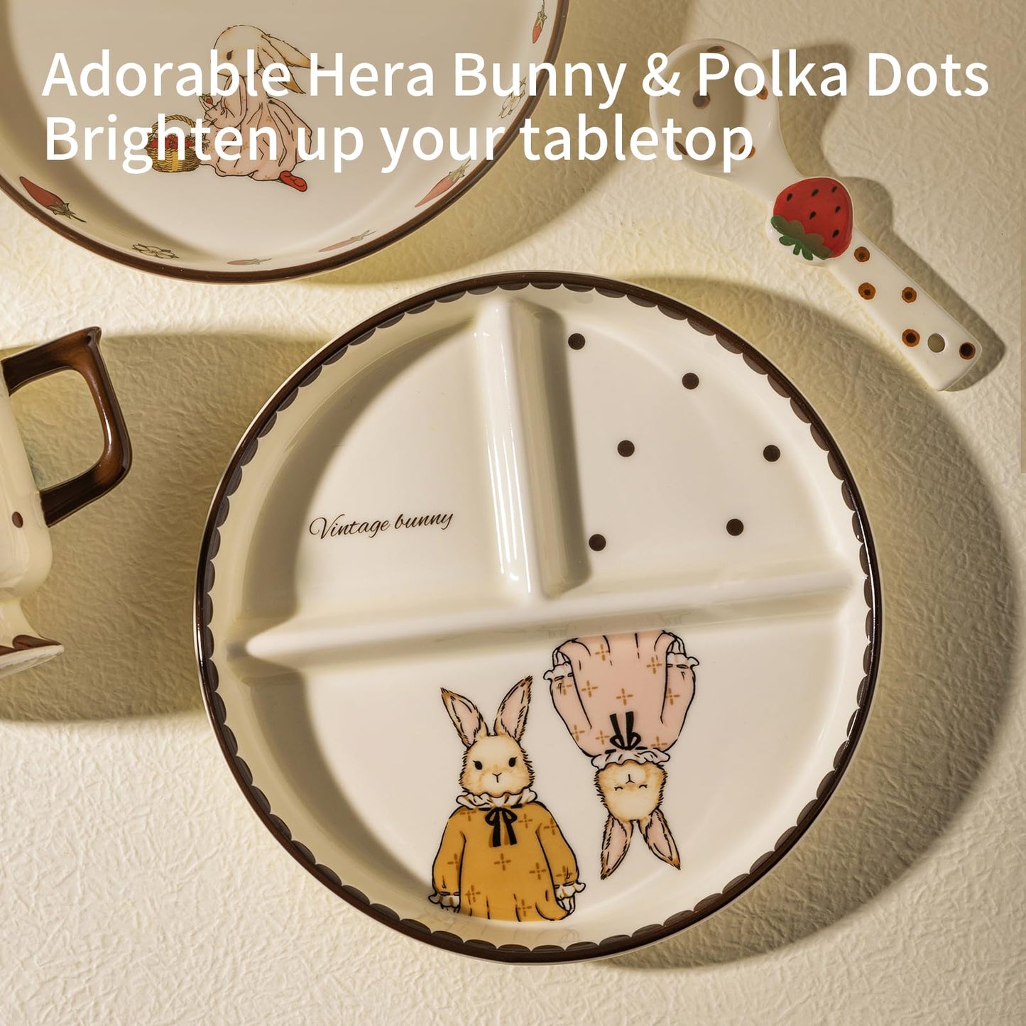 MDZF SWEET HOME Ceramic Divided Plate, 3-Compartment Portion Control Tray for Weight Loss & Healthy Eating, Cute Hera Bunny & Polka Dot Design, Aesthetic Sectioned Dinnerware