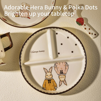 MDZF SWEET HOME Ceramic Divided Plate, 3-Compartment Portion Control Tray for Weight Loss & Healthy Eating, Cute Hera Bunny & Polka Dot Design, Aesthetic Sectioned Dinnerware