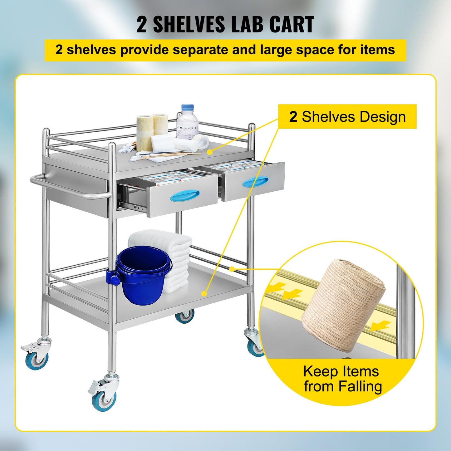 Happybuy 2-Tier Stainless Steel Medical Serving Cart, Utility Rolling Cart with Drawers, Lockable Wheels, Perfect for Laboratories, Hospitals, and Dental Clinics