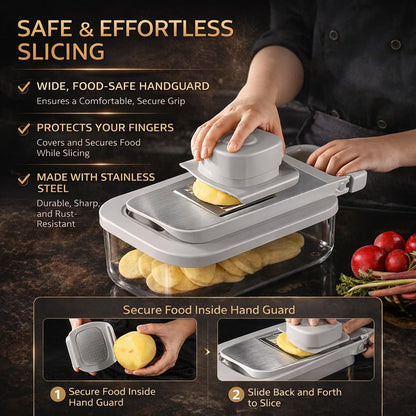 All-in-One Food Chopper & Mandoline Slicer, 9-in-1 Vegetable Chopper with Interchangeable Stainless Steel Blades, BPA-Free Manual Onion Dicer, Julienne & Grater with Container